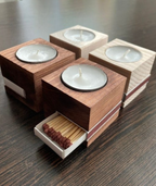 Wooden Tealight Candle Holder with Matchbox Slot (Set of 20)
