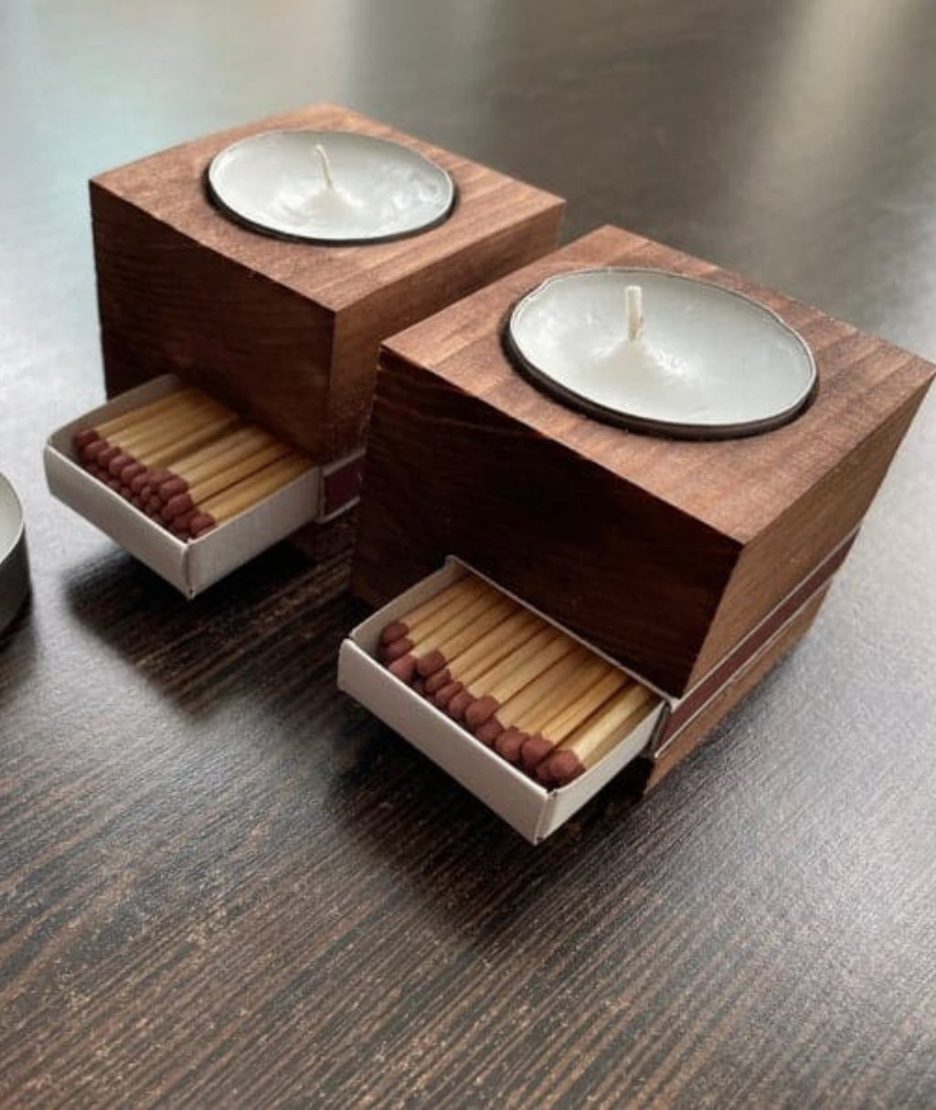Wooden Tealight Holder With Match Box Holder (Set of 2)