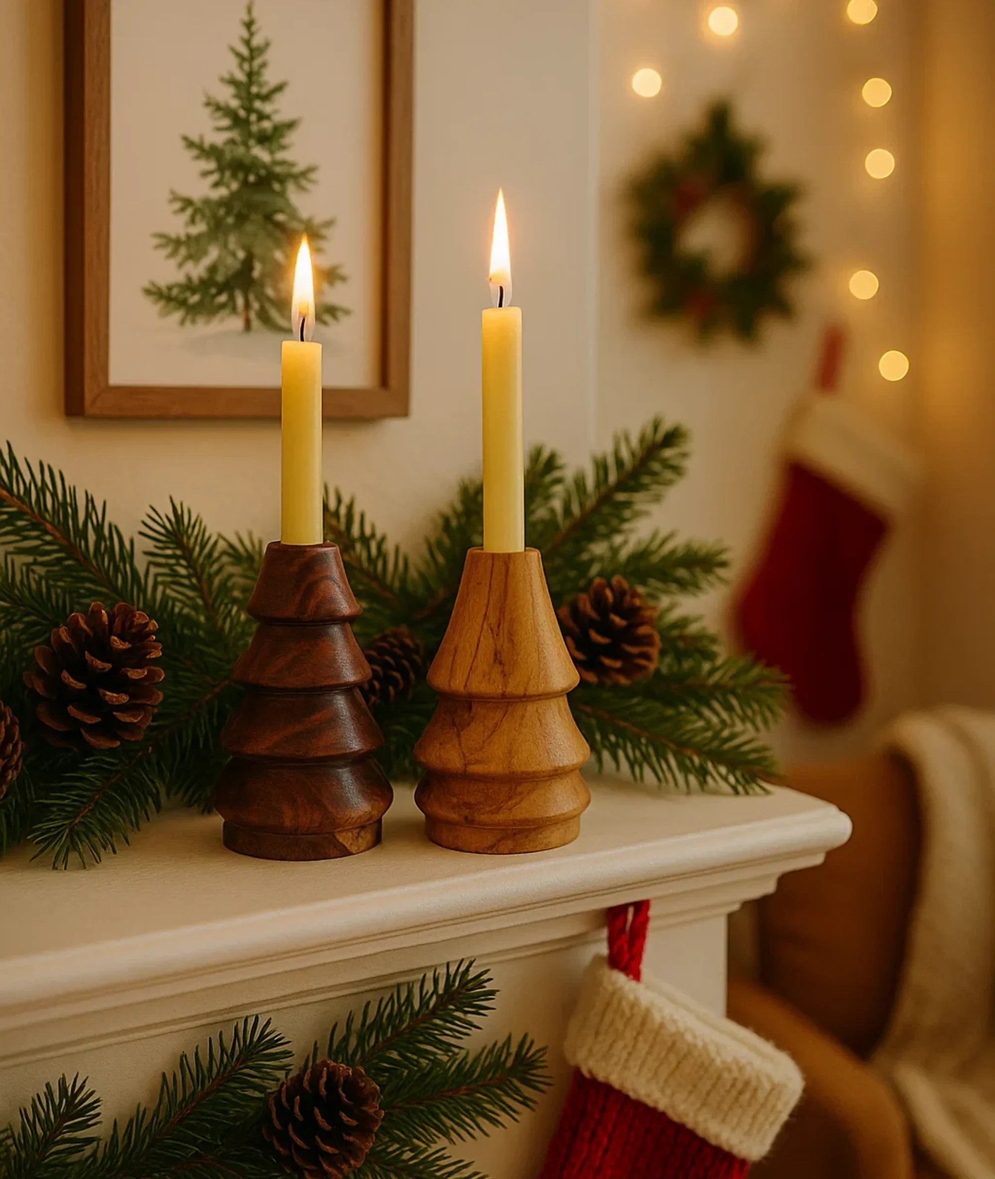 Cone-Shaped Wooden Candlestick Holders