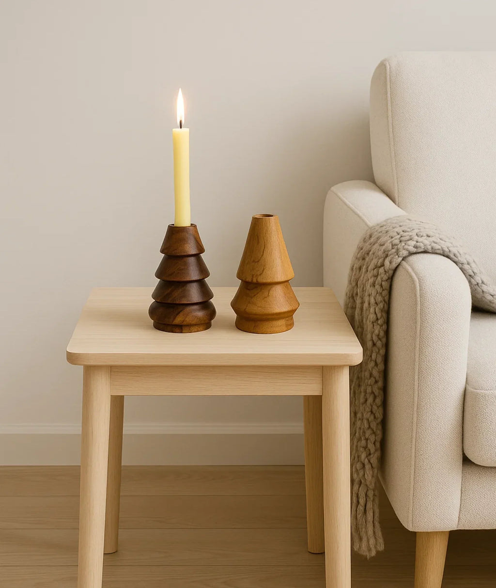 Cone-Shaped Wooden Candlestick Holders