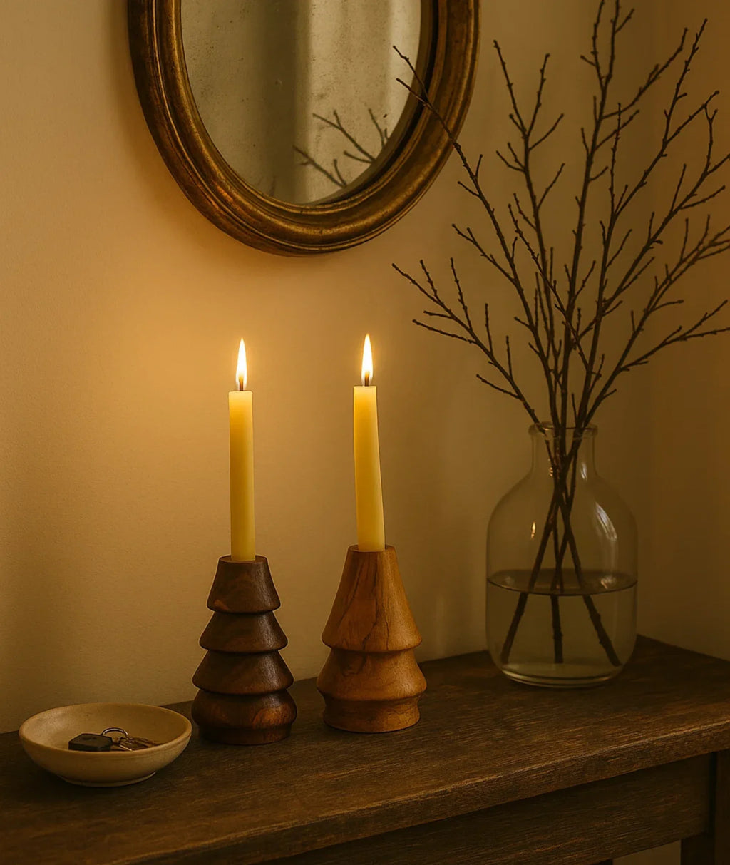 Cone-Shaped Wooden Candlestick Holders
