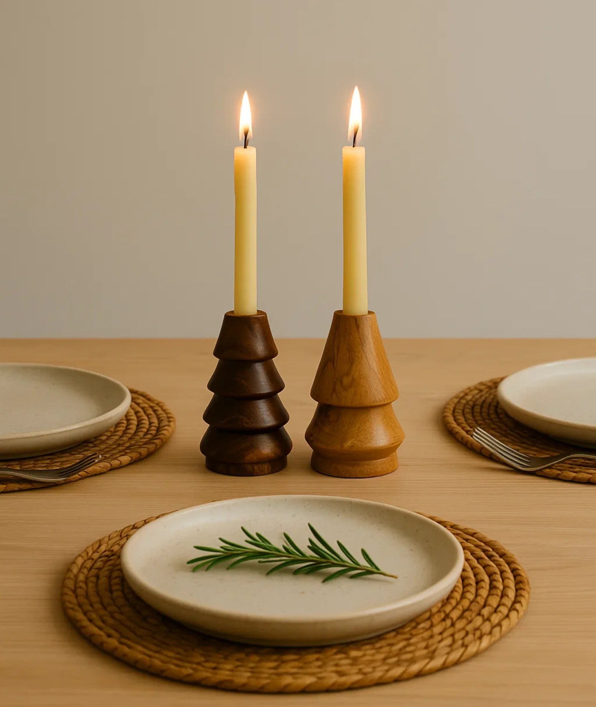 Cone-Shaped Wooden Candlestick Holders