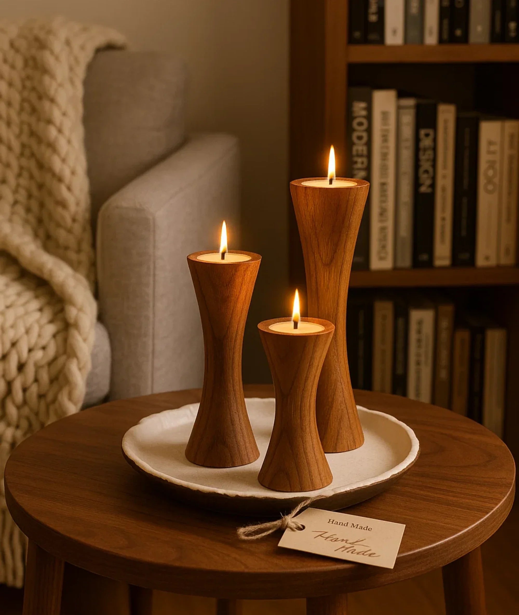 Geo Tapered Wooden Candlestick Holder