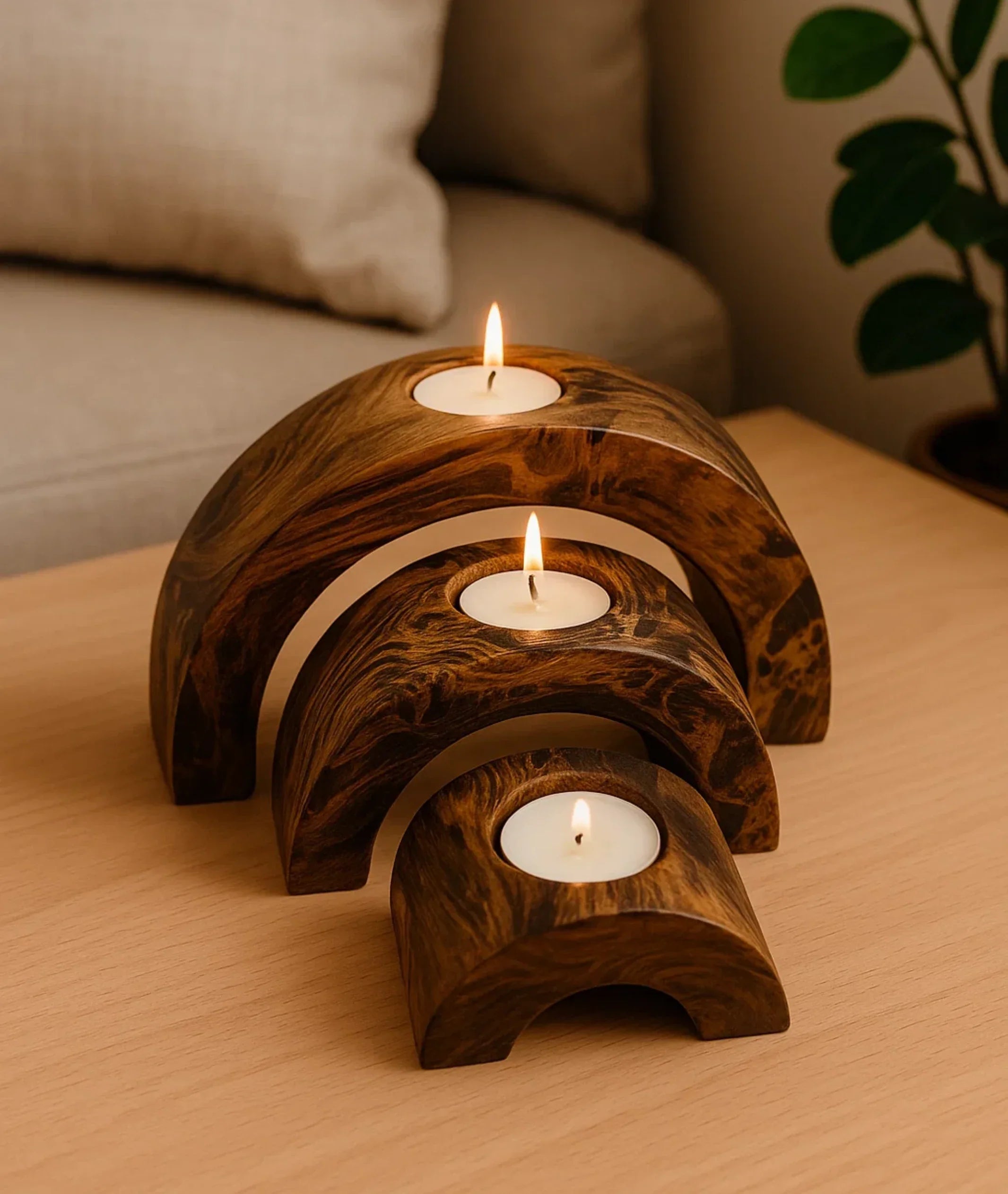 Handmade Decorative Wooden Tealight Holders Wood Half Set of 3