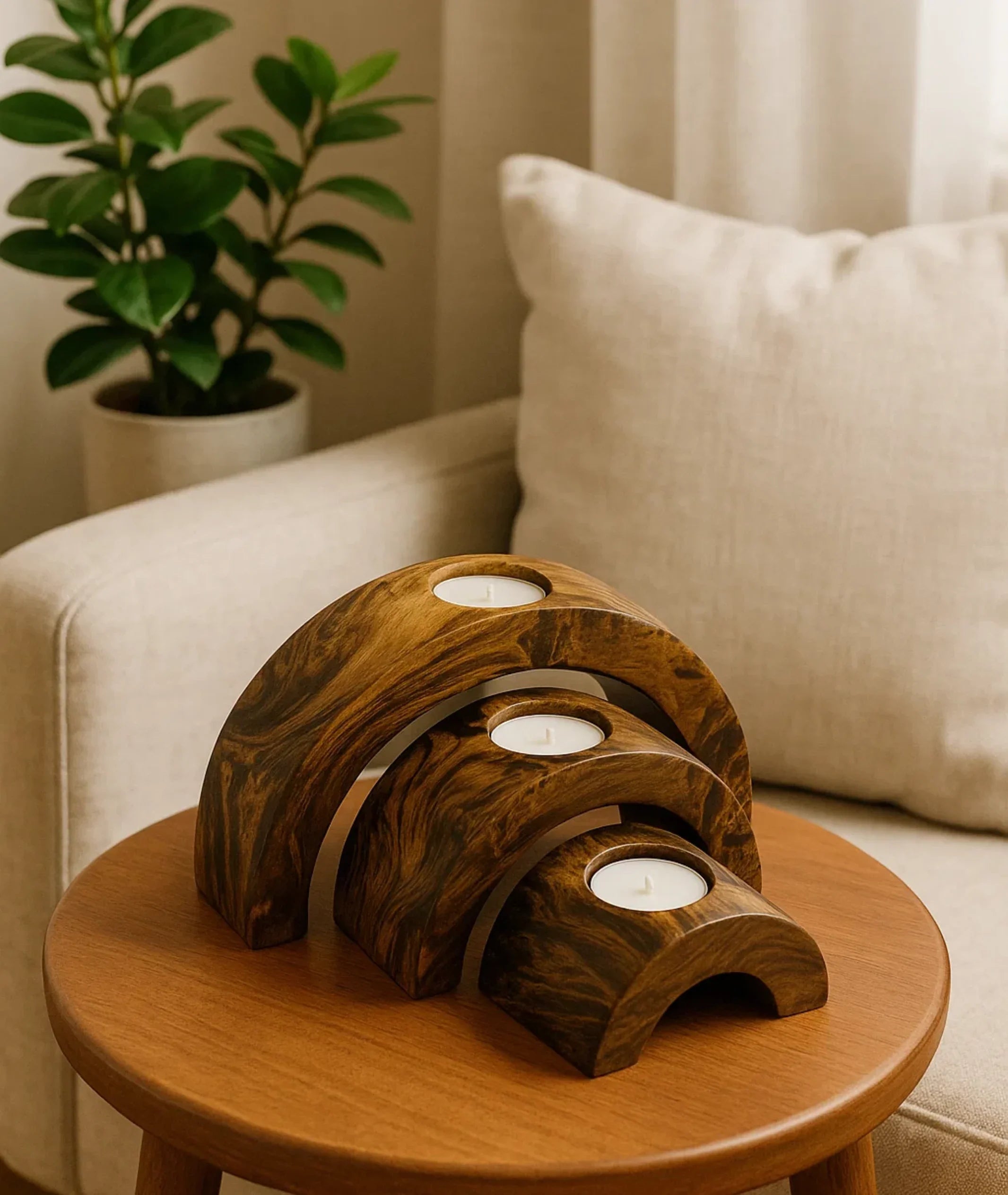 Handmade Decorative Wooden Tealight Holders Wood Half Set of 3