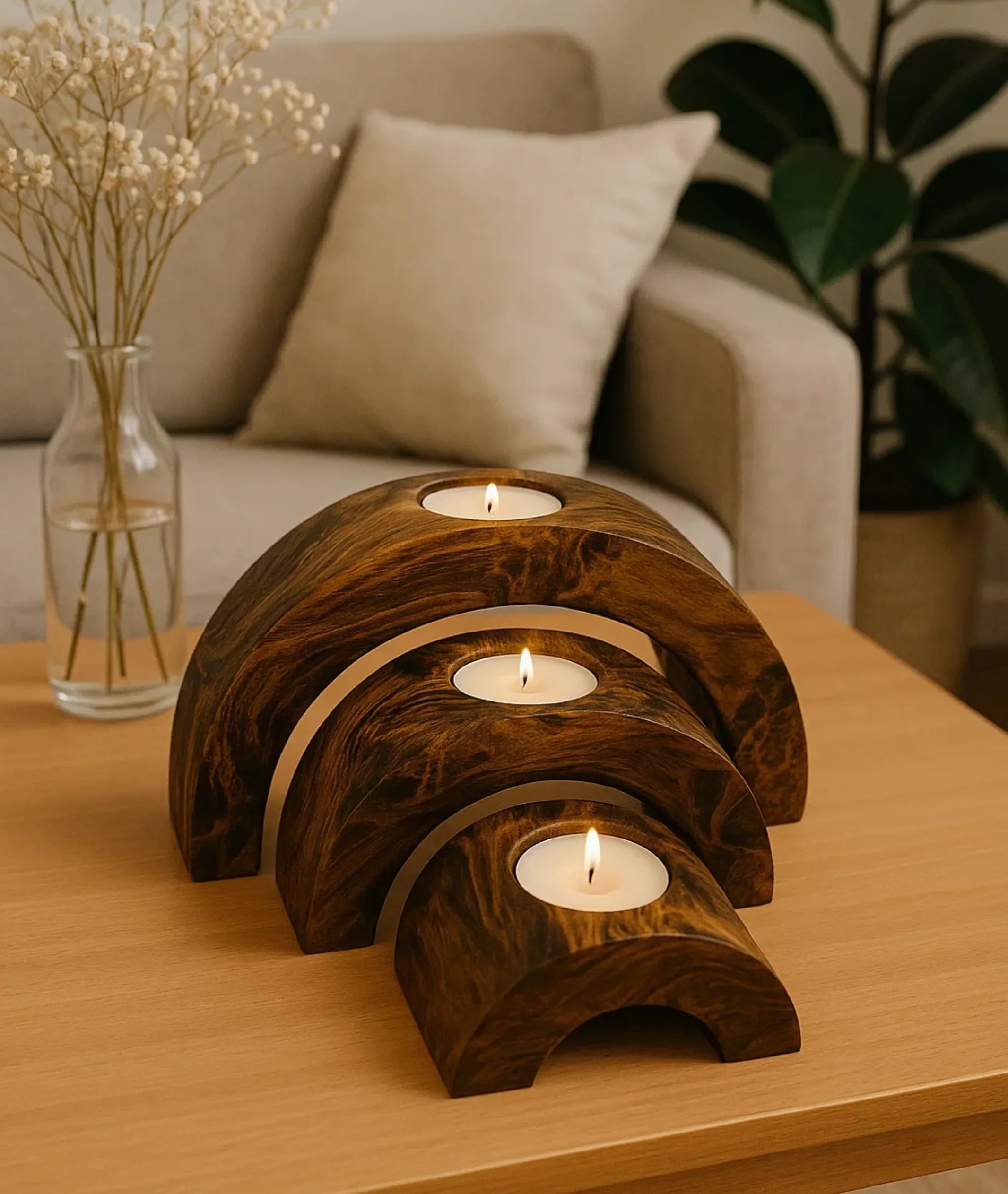 Handmade Decorative Wooden Tealight Holders Wood Half Set of 3