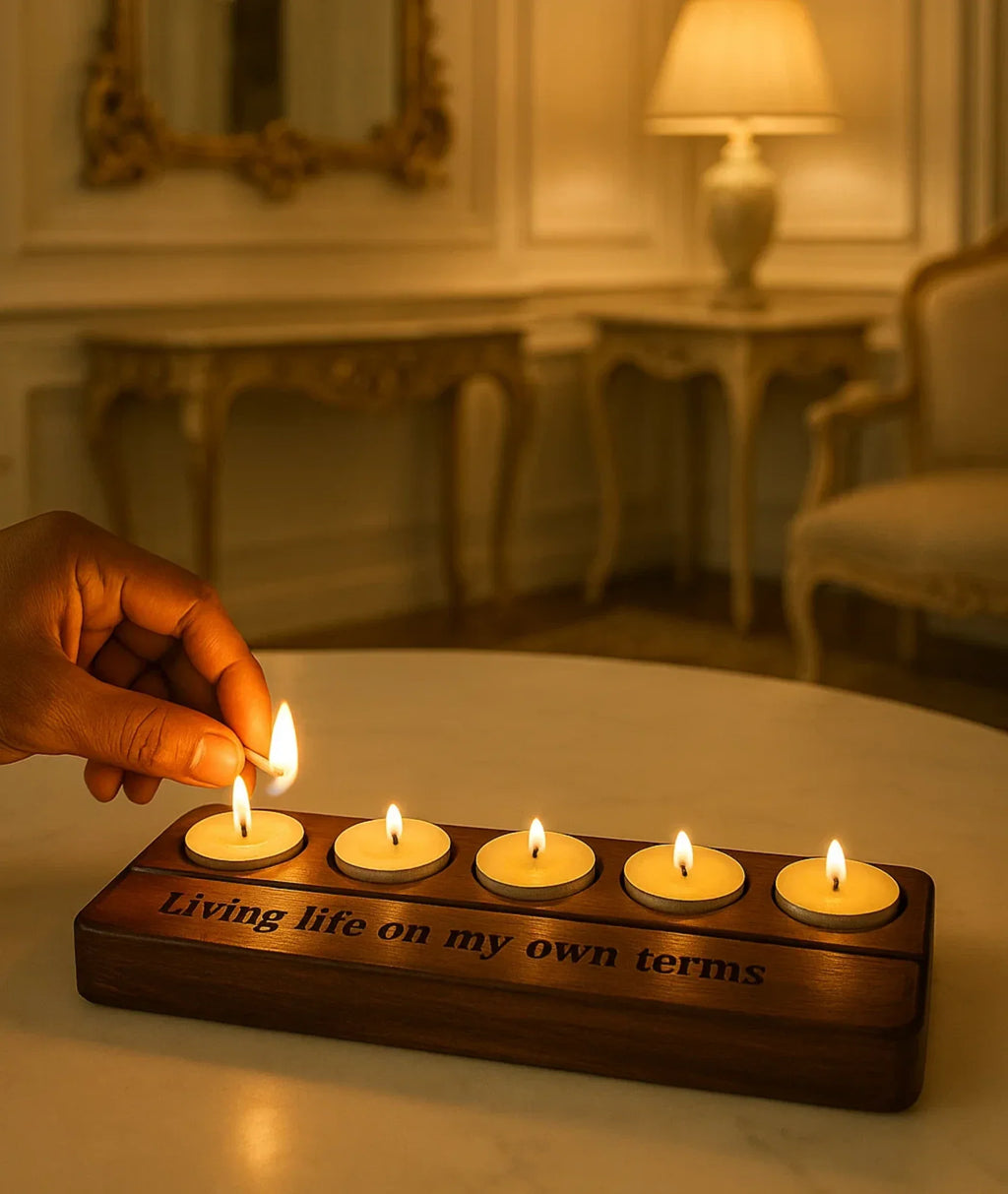 Carved Wooden Five Tealight Holder