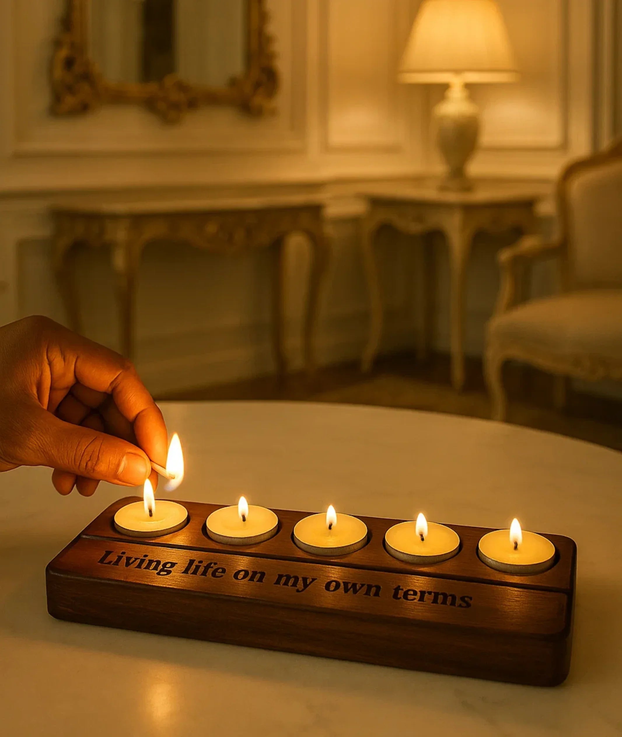 Carved Wooden Five Tealight Holder