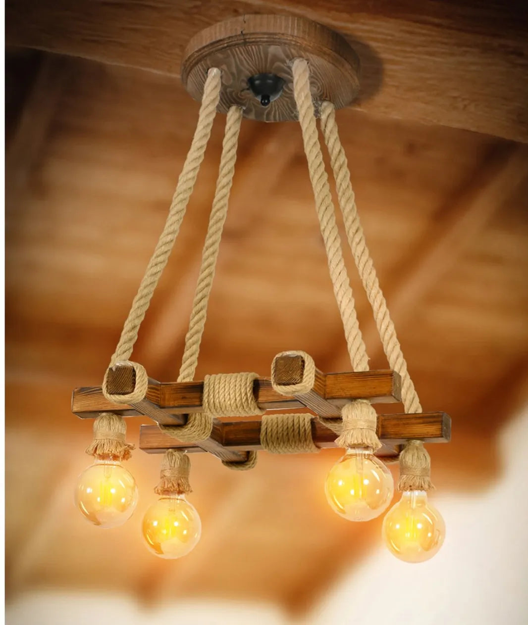Rustic Rope Wooden 4 Lamp Square Chandelier