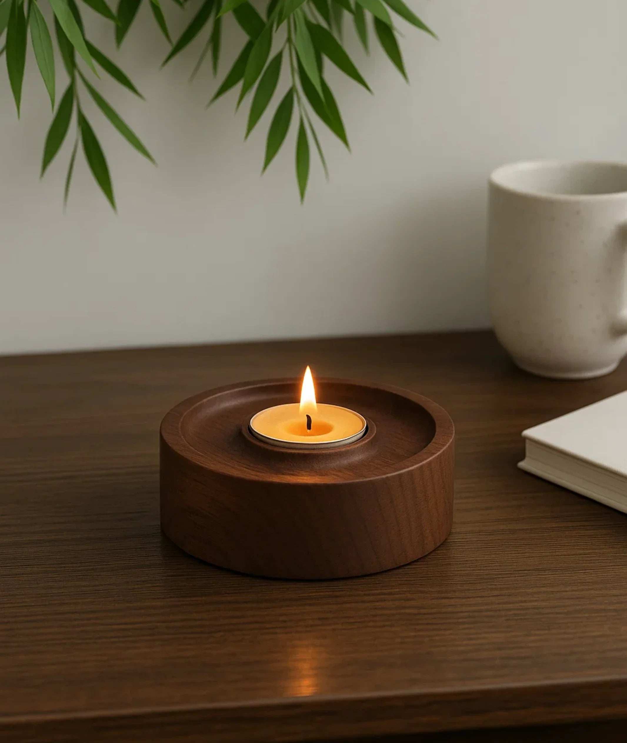 Vintage Teak Wood Round Tealight Candle Holder