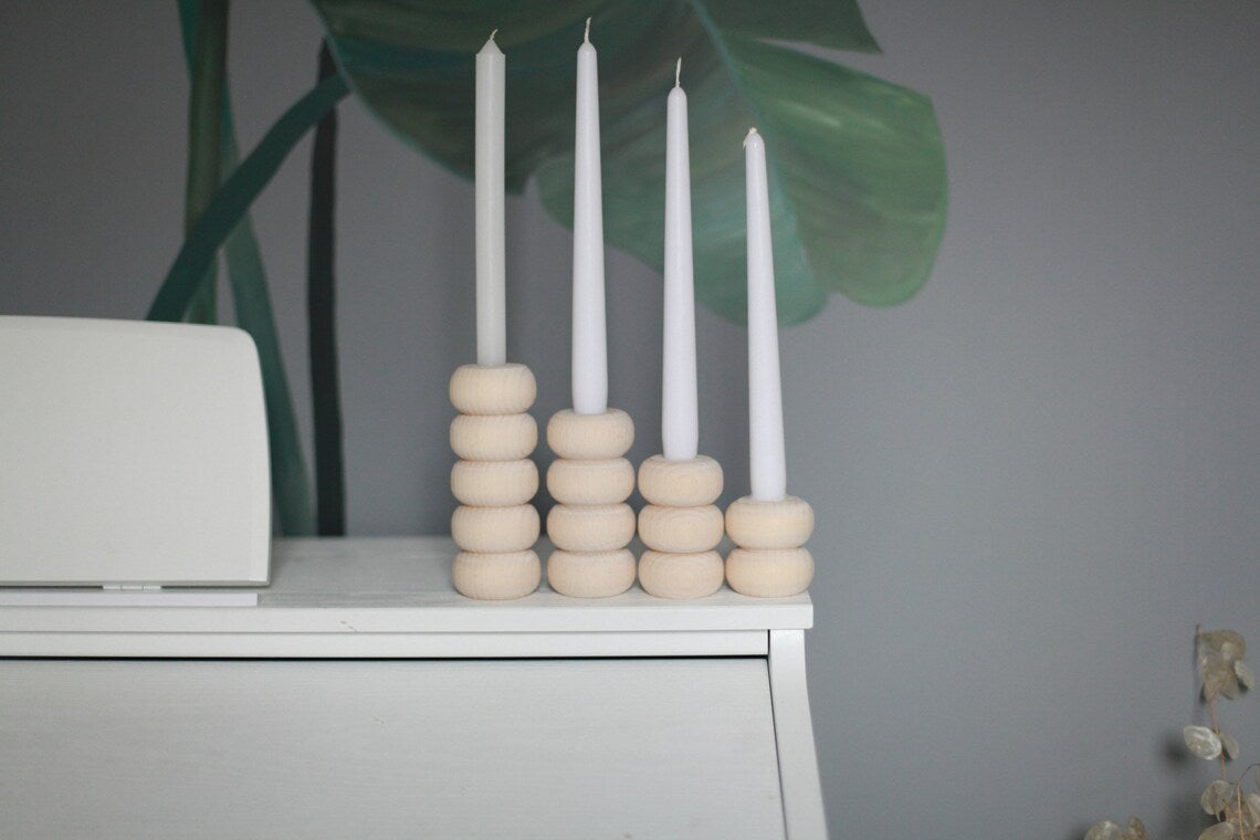 Mid Century Rounded Bead  Wooden Candle Holder